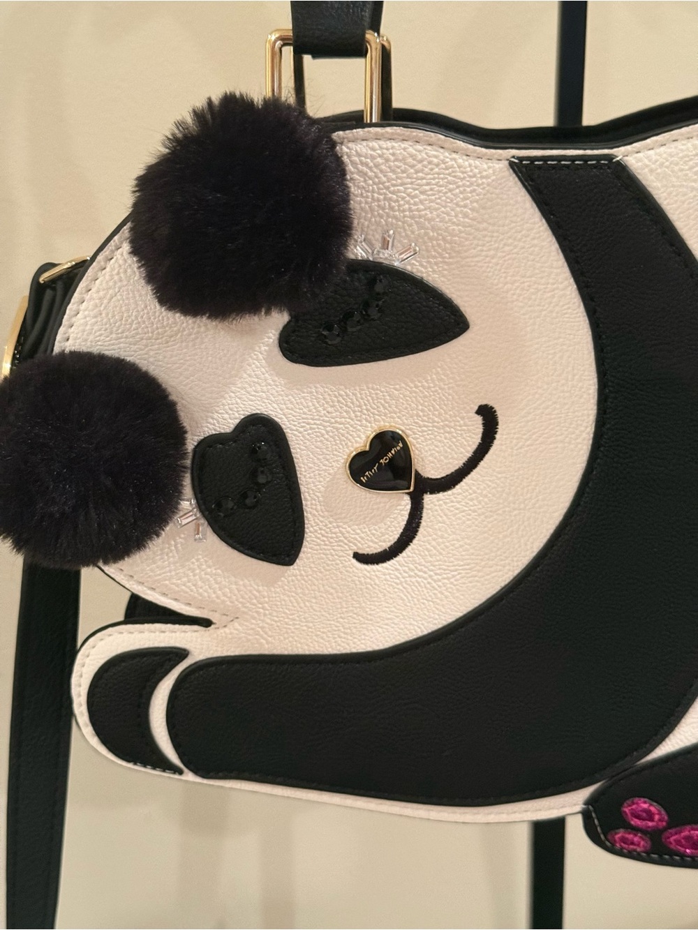Betsey Johnson Panda Satchel Crossbody Bag Pom Pom Novelty Purse Black White - Picture 2 of 16